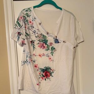 Floral Button-Accent White Top